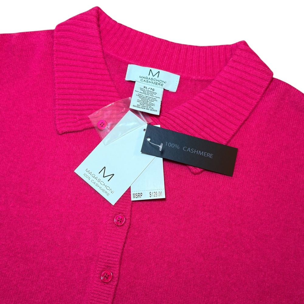 Magaschoni Cashmere Dark Peony Pink Short Sleeve Polo Sweater Womens XL NWT